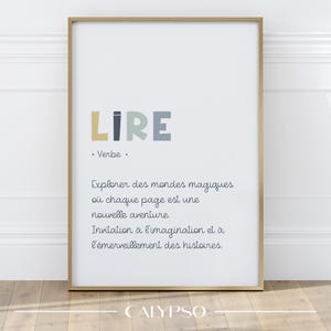 Definición ilustrativa de lectura en francés para niños, afiche para la decoración de salas de juegos, aulas o bibliotecas infantiles