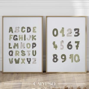 Poster mit grünem Dinosaurier-Alphabet und Zahlen, Poster mit Dino-Buchstaben und -Zahlen