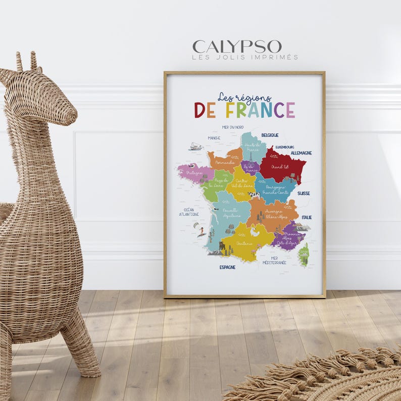 Mapa de Francia en colores brillantes para niños, ciudades principales, póster de geografía francesa para el aula. imagen 4