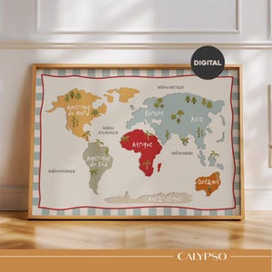 Colorful and retro digital world map poster in French for children