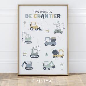 Baumaschinen Poster für Kinder, Poster LKW, Bulldozer, Kran, Traktor