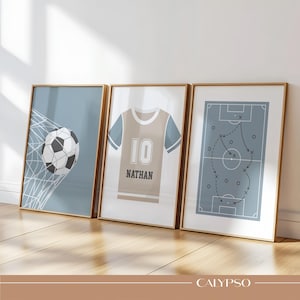 Blue soccer posters personalized – Kids room wall art, set of 3