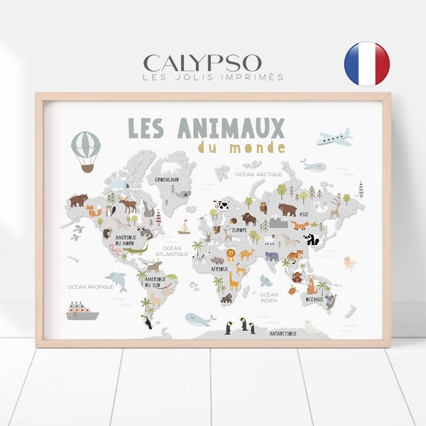 Affiche carte du monde pour enfants, les animaux du monde, illustration carte murale au style scandinave