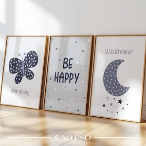 Poster per bambini con farfalle, luna e sii felice - Decorazione murale in stile scandinavo per la cameretta del neonato