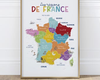 Carte de France pour enfants aux couleurs vives, principales villes, affiche de géographique française pour salle de classe