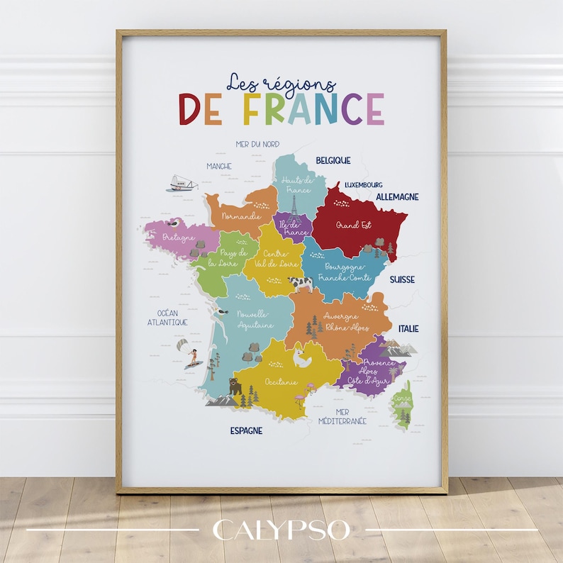 Poster illustré carte de France, nom des différentes régions.