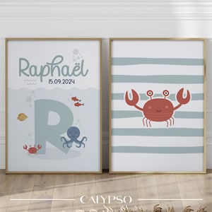 Cartel de nacimiento del mundo marino y cangrejo, regalo personalizado para niño, cartel de estilo escandinavo, nombre inicial y fecha de cumpleaños