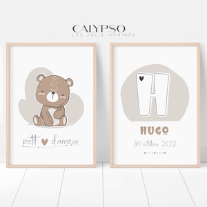 Double teddy bear and first name poster for children, animal decoration for baby's room, personalized initial and first name poster