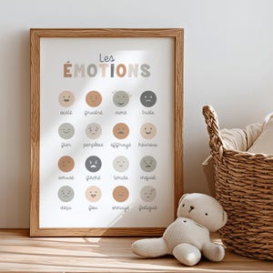 Poster éducatif émotions smileys tons naturels beige terracotta vert sauge, apprentissage des sentiments en français, décoration Montessori chambre enfant encadrée bois