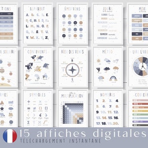 Set mit 15 pädagogischen Postern in Französisch, blau und beige, pädagogische Poster zum Ausdrucken, für die Dekoration im Klassenzimmer oder Büro