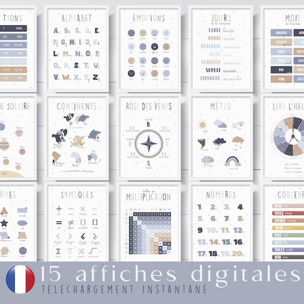 Set de 15 affiches éducatives en français, posters pédagogiques de couleur bleu et beige à imprimer, pour salle de classe ou déco de bureau