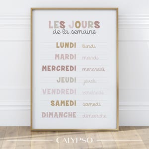 Poster dei giorni della settimana in francese, illustrazione a colori rosa per bambini