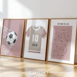 3 affiches football rose pour fille, posters personnalisés maillot, terrain et ballon