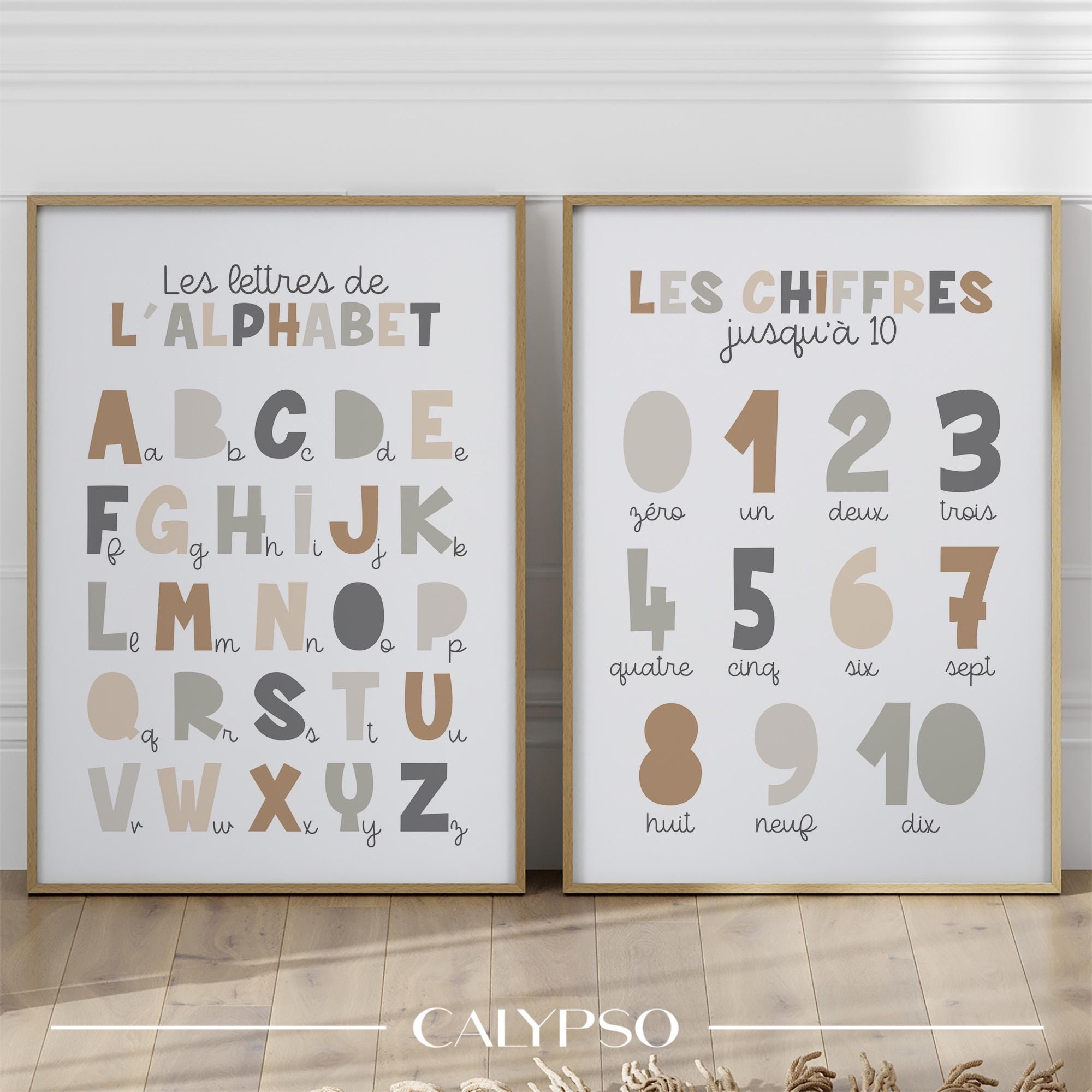 Children's poster with French alphabet and numbers, wall decoration for children's office, school or playroom
