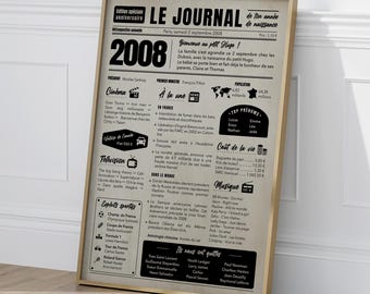 Póster de periódico con anuncio de nacimiento de 2008: idea para regalar por tu 18.º cumpleaños