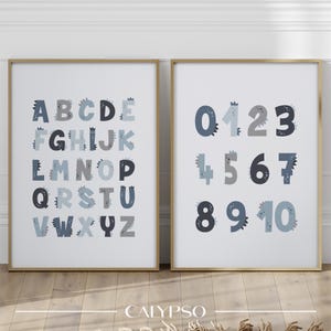 Affiches alphabet et nombres thème des dinosaures, posters bleus avec lettres et chiffres dino