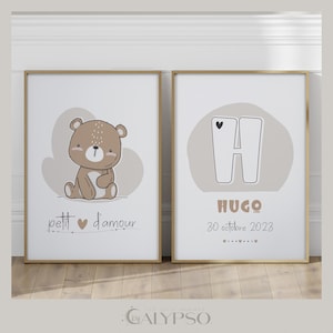 Urso de pelúcia duplo e pôster de primeiro nome para crianças, decoração de animais para quarto de bebê, inicial personalizada e pôster de nome