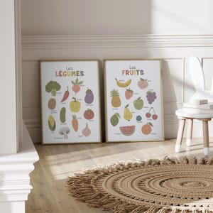 May include: Two framed posters with colorful illustrations of fruits and vegetables. The posters are titled "Les Fruits" and "Les Legumes" and feature the French names for each fruit and vegetable.