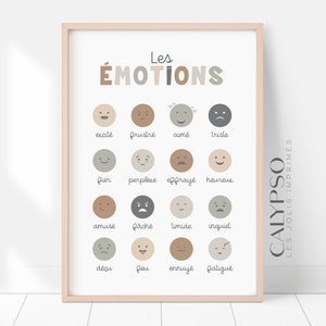 May include: A printable chart with illustrations of different emotions and their French names. The chart is framed in a light wood frame and has a white background. The emotions include excited, frustrated, loved, sad, proud, perplexed, scared, happy, amused, angry, shy, worried, disappointed, silly, bored, and tired.