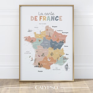 Carte de France multicolore pour enfants, principales villes, affiche carte de France pour salle de classe