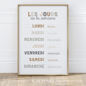 Poster giorni della settimana in francese per bambini, poster educativo per ufficio o scuola
