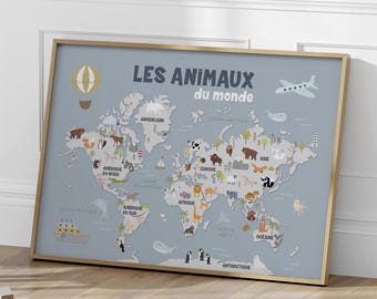 Mapa mundial de animales para niños, sobre fondo azul, animales de las regiones del mundo, decoración de pared en estilo escandinavo.
