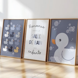 Decorazione da parete per bagno per bambini blu - Set di 3 poster con anatre e citazione da parete