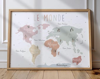 World map for children in French, wall decoration