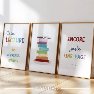 Tre poster per l'angolo lettura per bambini, poster multicolori per biblioteche con libri per la sala giochi o la scuola