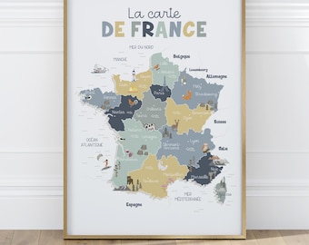 Affiche carte de France pour enfants, principales villes, teintes bleu, jaune et vert, affiche carte de France pour salle de classe