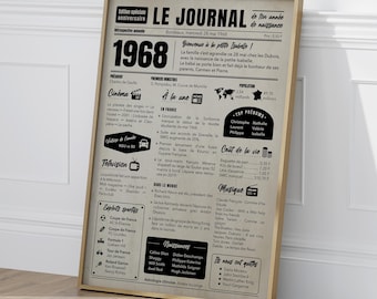 Newspaper birth announcement poster from 1968. Personalized 57th birthday gift