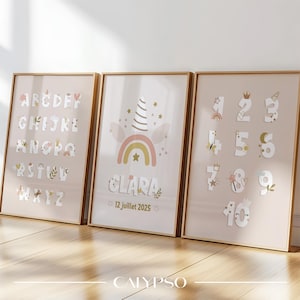Tre poster personalizzati con unicorno – Decorazione da parete con lettere e numeri e poster con nome per bambina