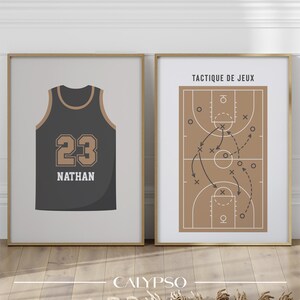 Poster personalizzati di basket per bambini - Doppia illustrazione del campo e della maglia da basket con nome e numero