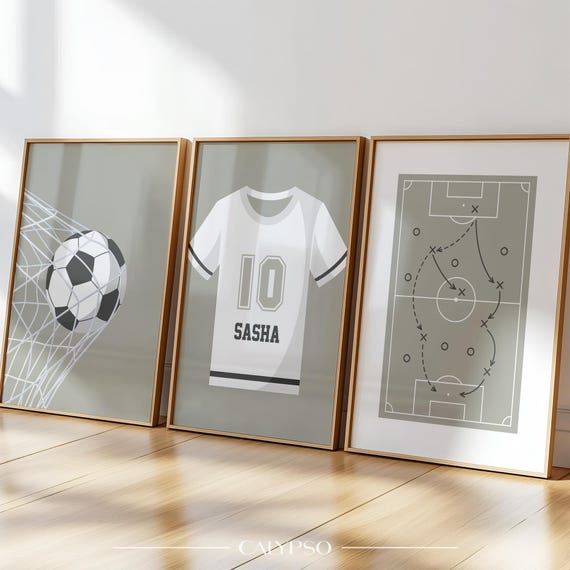 Affiches football pour enfants couleur sauge - 3 posters personnalisés prénom - goal, terrain et maillot