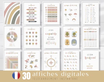 Lot de 30 affiches pédagogiques digitales en français, fiches pédagogiques à imprimer, pour salle de classe, posters d'apprentissage