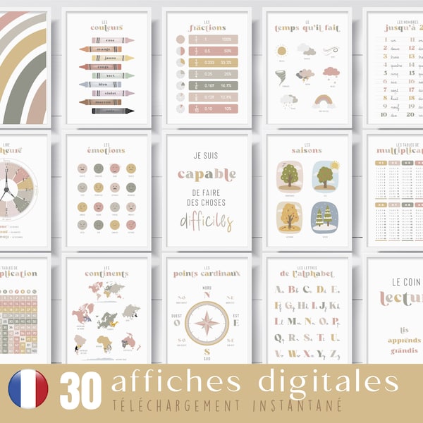 Lot de 30 affiches pédagogiques digitales en français, fiches pédagogiques à imprimer, pour salle de classe, posters d'apprentissage