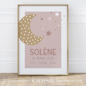 Poster de naissance personnalisé lune et étoiles aux tons roses et moutarde, cadeau pour nouveau-né, décoration chambre de bébé