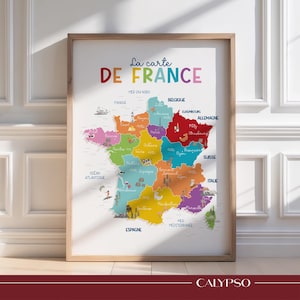Póster multicolor con mapa geográfico de Francia para niños