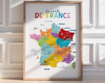 Wielokolorowy plakat z mapą geograficzną Francji dla dzieci