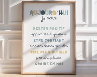 Positive affirmations in French for children, decorative poster in blue, green and yellow