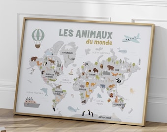 Póster de mapa del mundo para niños, animales del mundo, ilustración de mapa de pared de estilo escandinavo