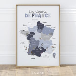 Affiche carte régions de France enfant – Poster éducatif, affiche de géographie française pour salle de classe