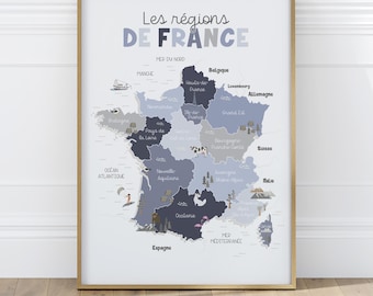 Affiche carte régions de France enfant – Poster éducatif, affiche de géographie française pour salle de classe