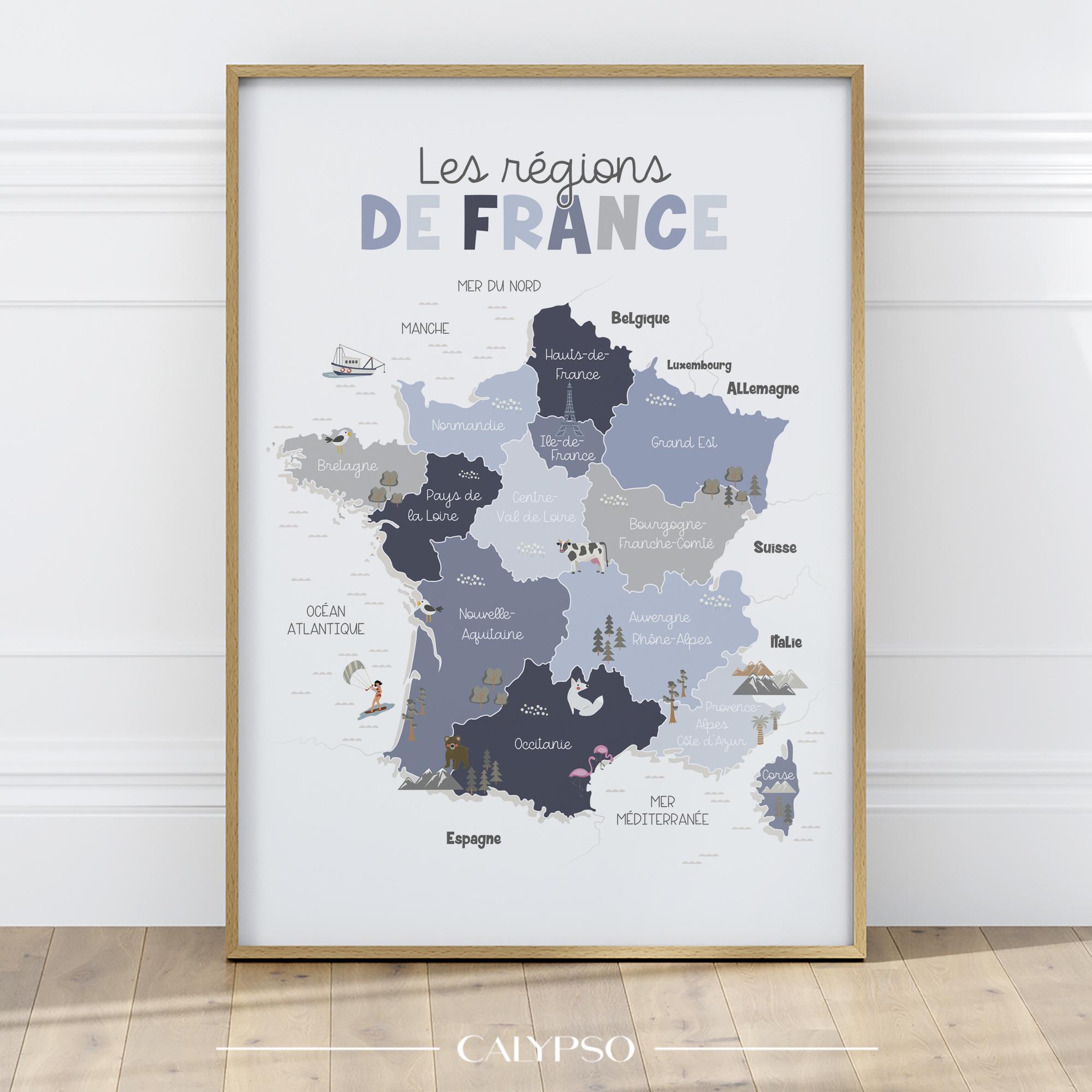 Regional map of france for kids – Educational and decorative wall print