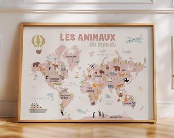 Pink animal poster on a white background in Scandinavian style for a little girl
