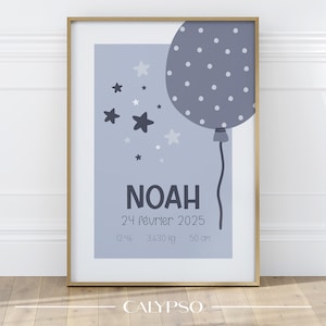 Affiche de naissance personnalisée ballon bleu à pois, cadeau pour nouveau-né, décoration chambre de bébé