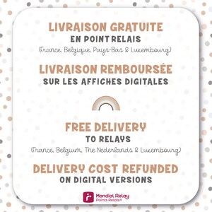 May include: A graphic with a rainbow design and text in French and English. The text reads "Livraison Gratuite en Point Relais (France, Belgique, Pays-Bas & Luxembourg)" and "Free Delivery to Relays (France, Belgium, The Netherlands & Luxembourg)". The text also reads "Livraison Rembours&eacute;e sur les Affiches Digitales" and "Delivery Cost Refunded on Digital Versions". The graphic also includes the logo for Mondial Relay Points Relais.