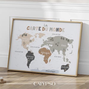 Minimalist world map for children, natural tones wall decor for bedroom, playroom, school