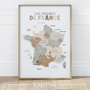 Carte des Régions de France pour enfants, déco salle de classe ou chambre d'enfant, affiche de géographique française