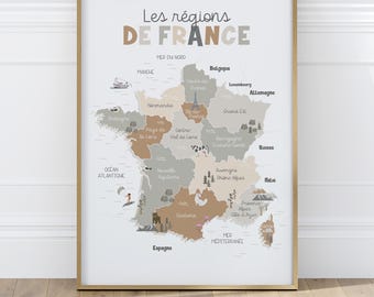 Carte des Régions de France pour enfants, déco salle de classe ou chambre d'enfant, affiche de géographique française